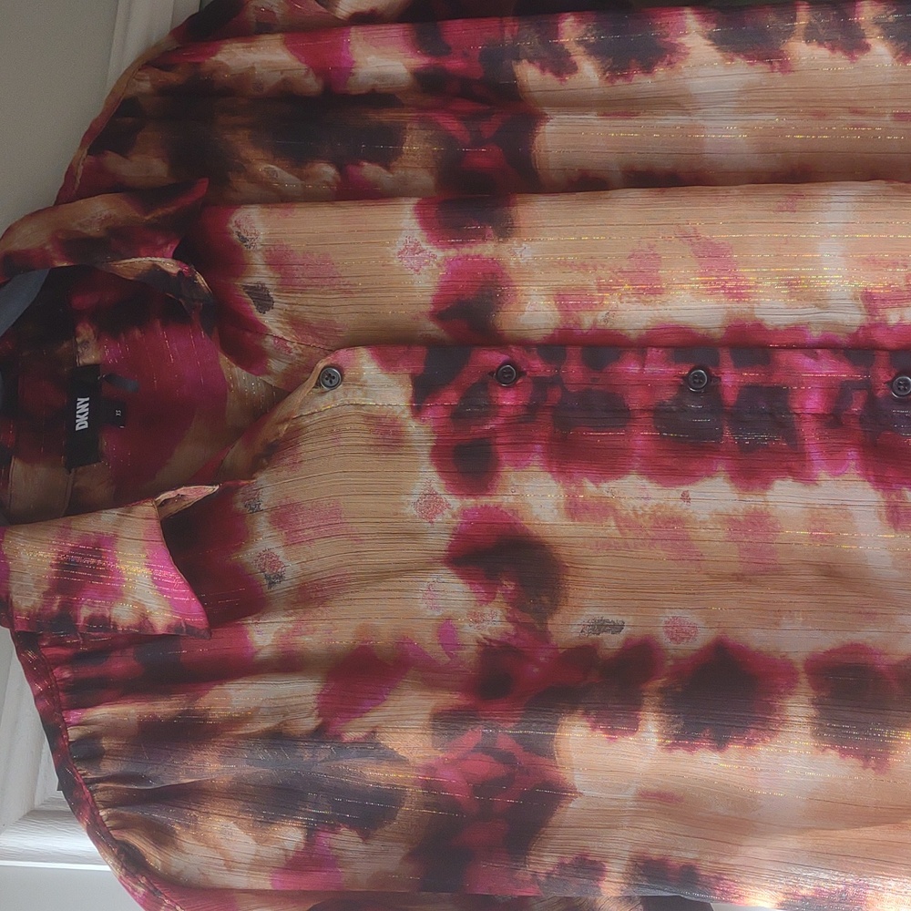 Y2K DKNY Sheer Button Up Blouse Vintage Metallic Tie Dye 90s Lightweight Summer - Picture 9 of 10